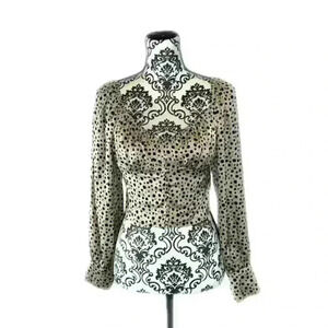 LUSH Cream Long Sleeve Black Dots Covered button Cropped Faux Silk Corset Top